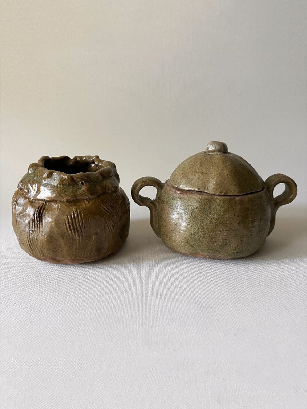 Vintage Handmade Rustic Sugar & Creamer Set Farmhouse Earthy Art Pottery Signed